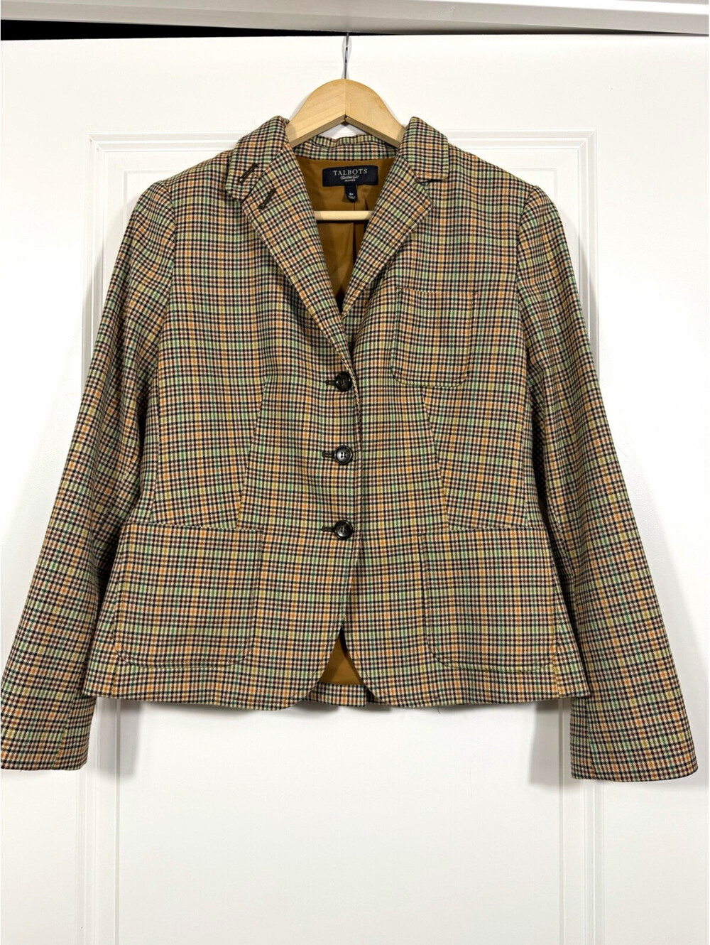 Talbots Petites Plaid Blazer 8P Plaid Suede Elbow Patches Equestrian Old Money